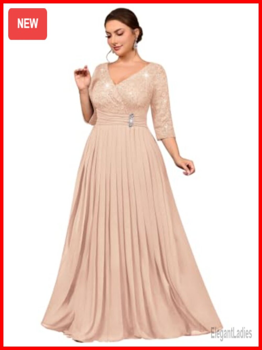 Formal Plus Size V Neck Lace 3/4 Sleeve A-Line Maxi Dress Mother of the Bride